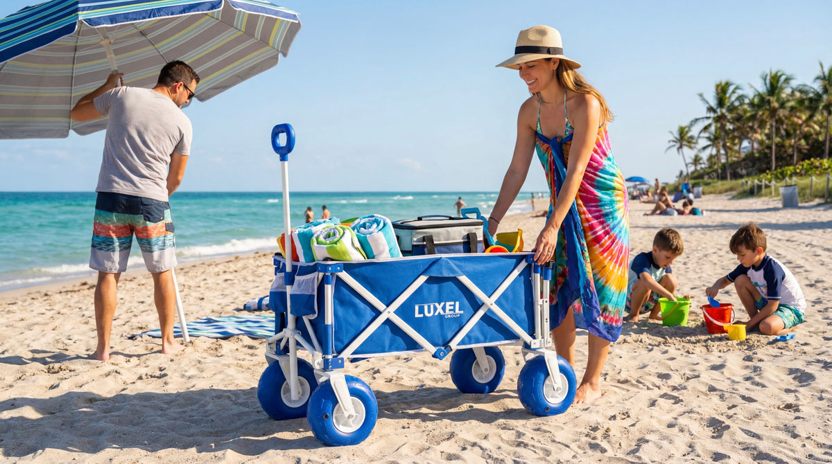 Family at the beach with a Luxel cart, umbrella, and children playing.