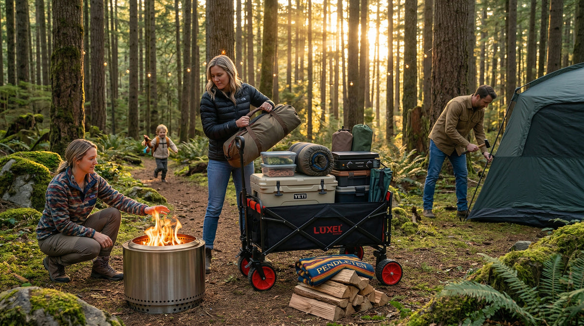 Family camping in a forest with a cart full of gear and a fire pit.