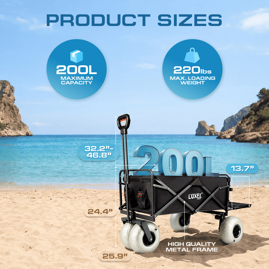 Luxel beach cart with product size details on a sandy beach with ocean view