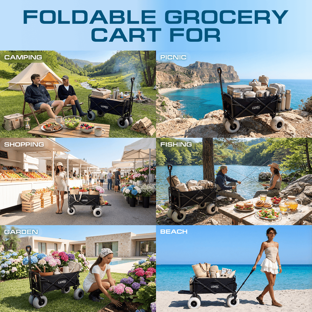 Collage of a foldable grocery cart used for various activities including camping, picnic, shopping, fishing, garden, and beach.