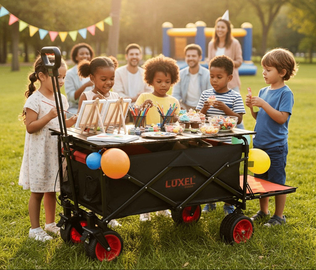 Children around a Luxel wagon with snacks and toys in a park setting