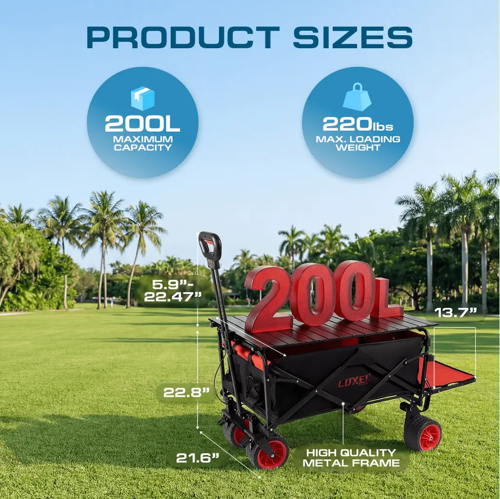 Golf cart with product sizes displayed on a grassy field