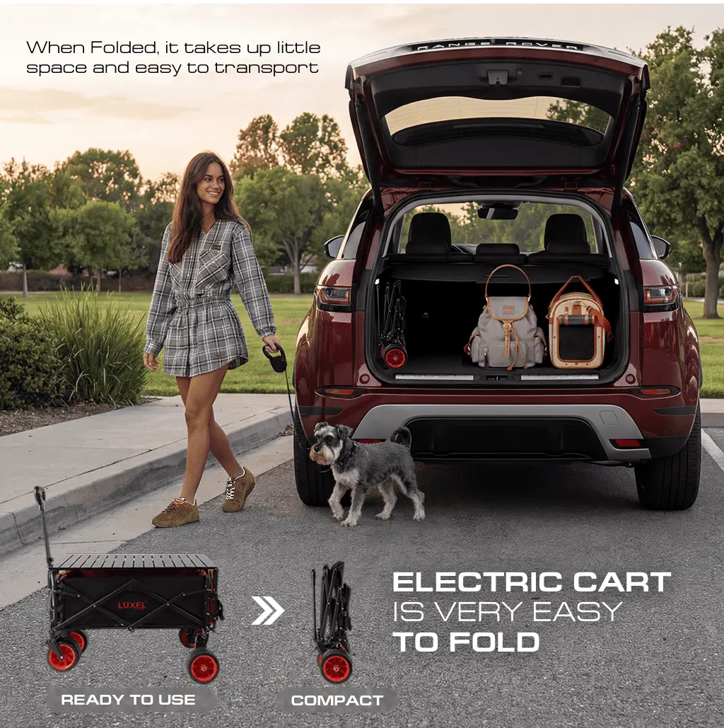 Woman with a dog next to an open car trunk with an electric cart, showing the cart's compactness.