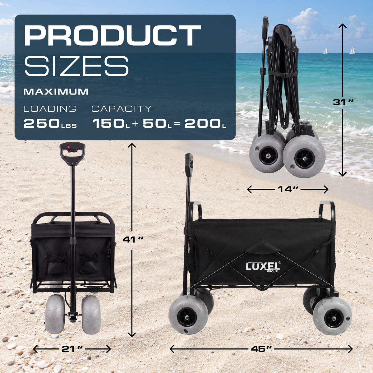 Black LUXEL electric wagon with gray balloon tires shown from the front, side and folded, with dimensions, load limit and storage capacity.