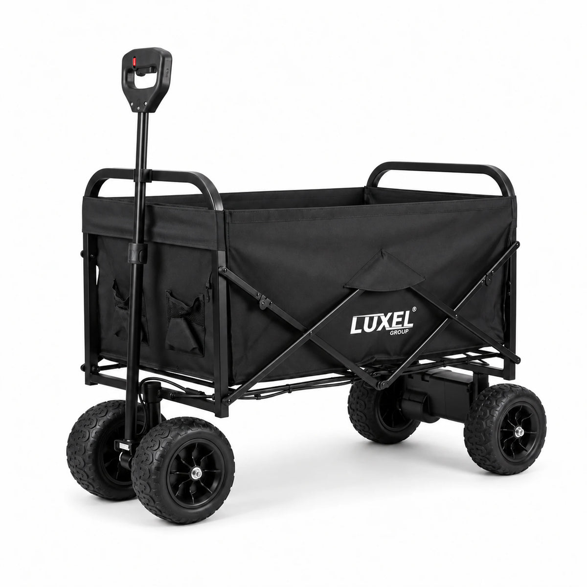 Black LUXEL electric wagon with a folding frame and knobby off-road tires, centered on a white background.