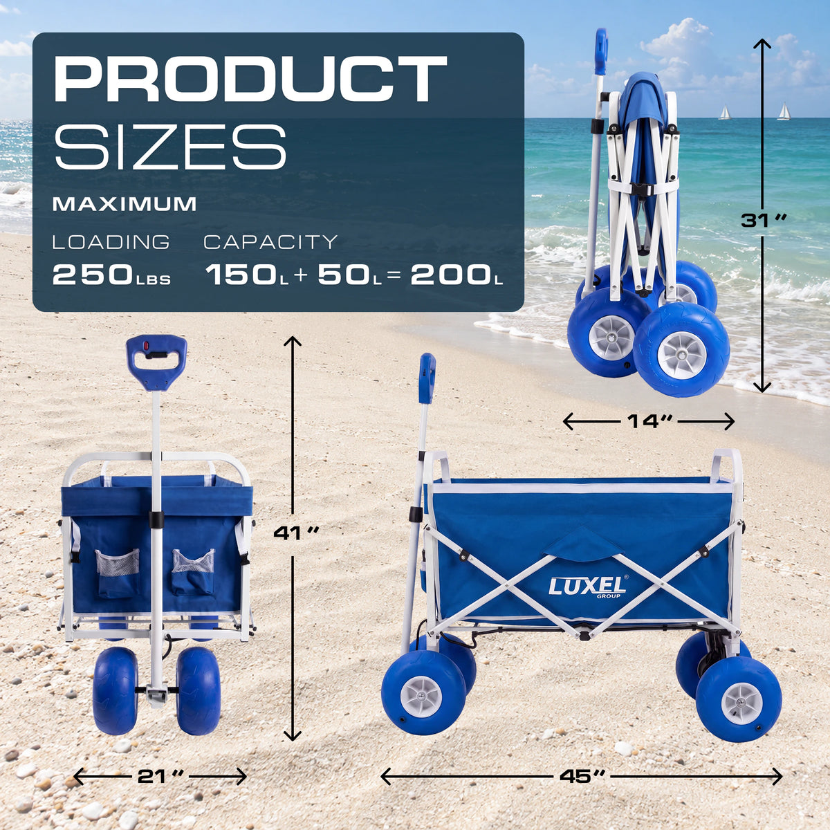 Blue LUXEL electric wagon with balloon tires shown from the front, side and folded, with dimensions, load limit and storage capacity.