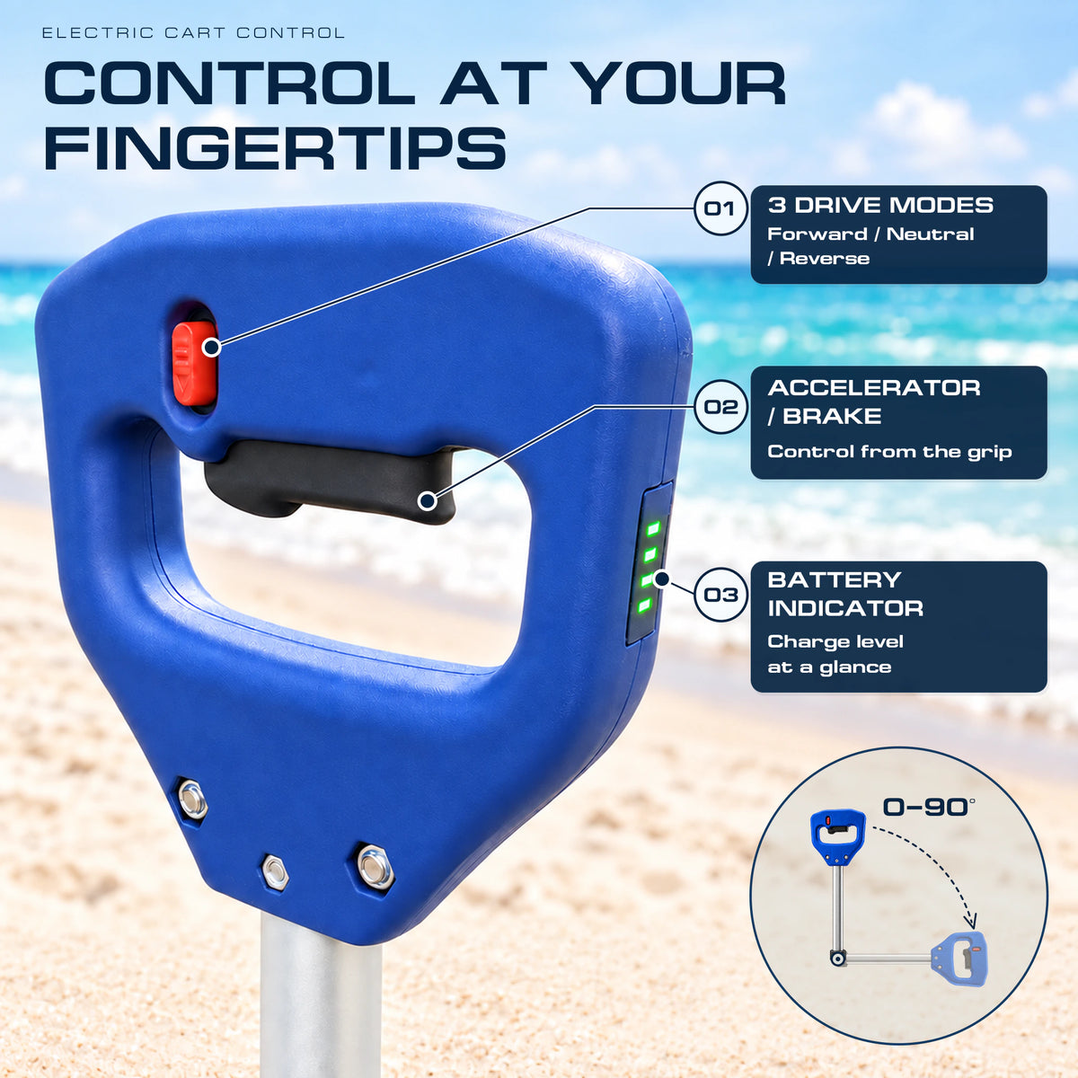 Blue LUXEL wagon handle showing forward, neutral and reverse modes, accelerator and brake controls, a battery indicator and an adjustable pull angle.