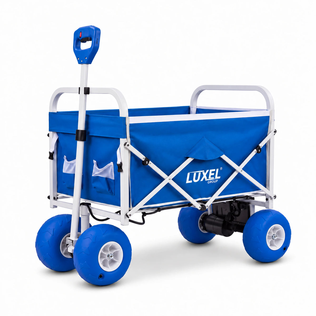 Blue LUXEL electric wagon with a white frame and blue balloon tires, centered on a white background.