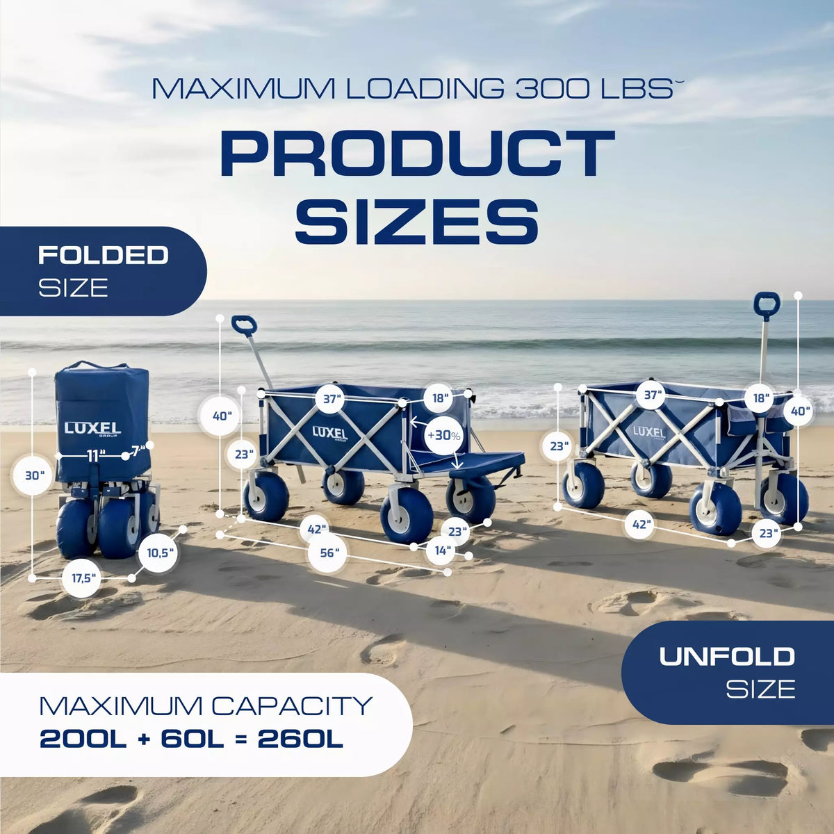 Beach cart product sizes on a sandy beach with ocean view