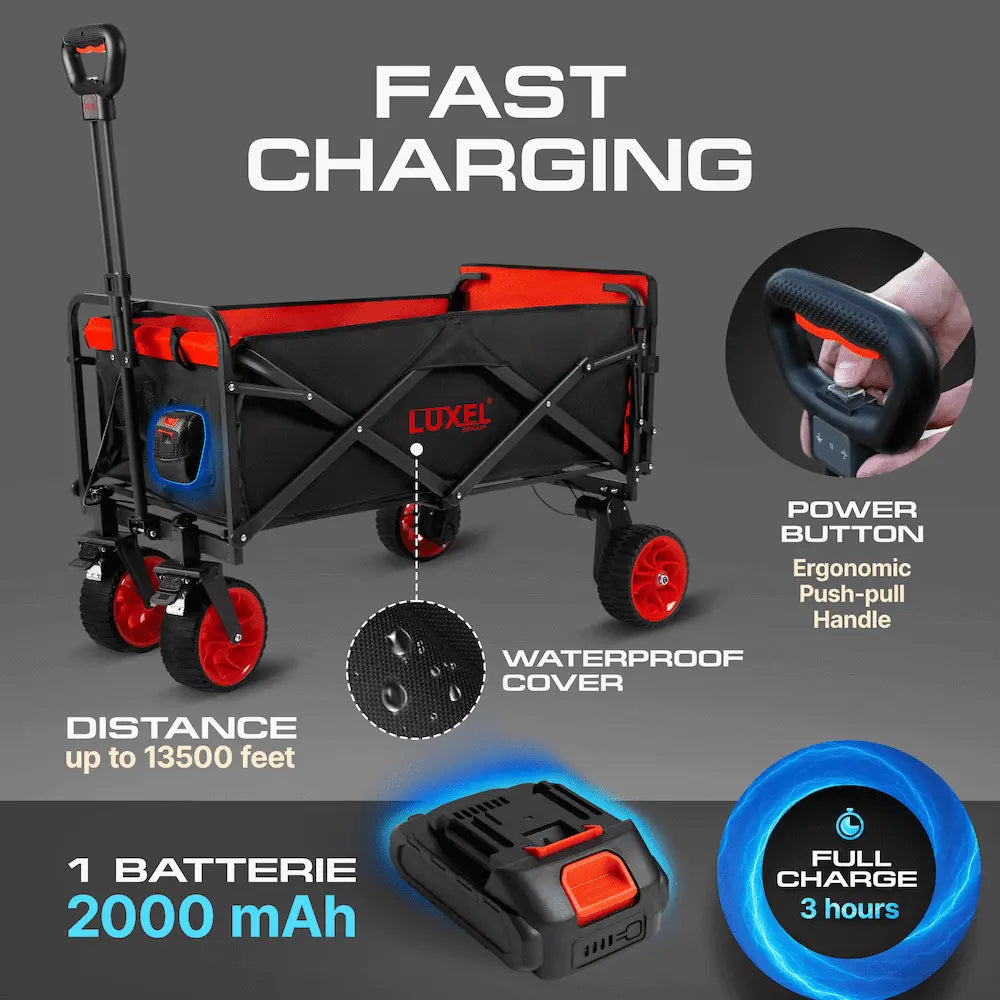 Black and red folding cart with charging features on a gray background