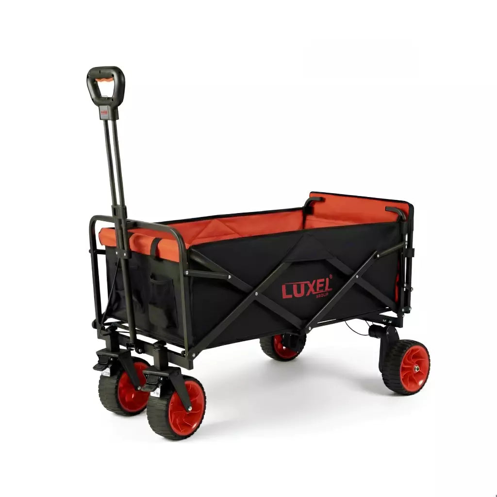 Black and orange folding wagon with red wheels on a white background