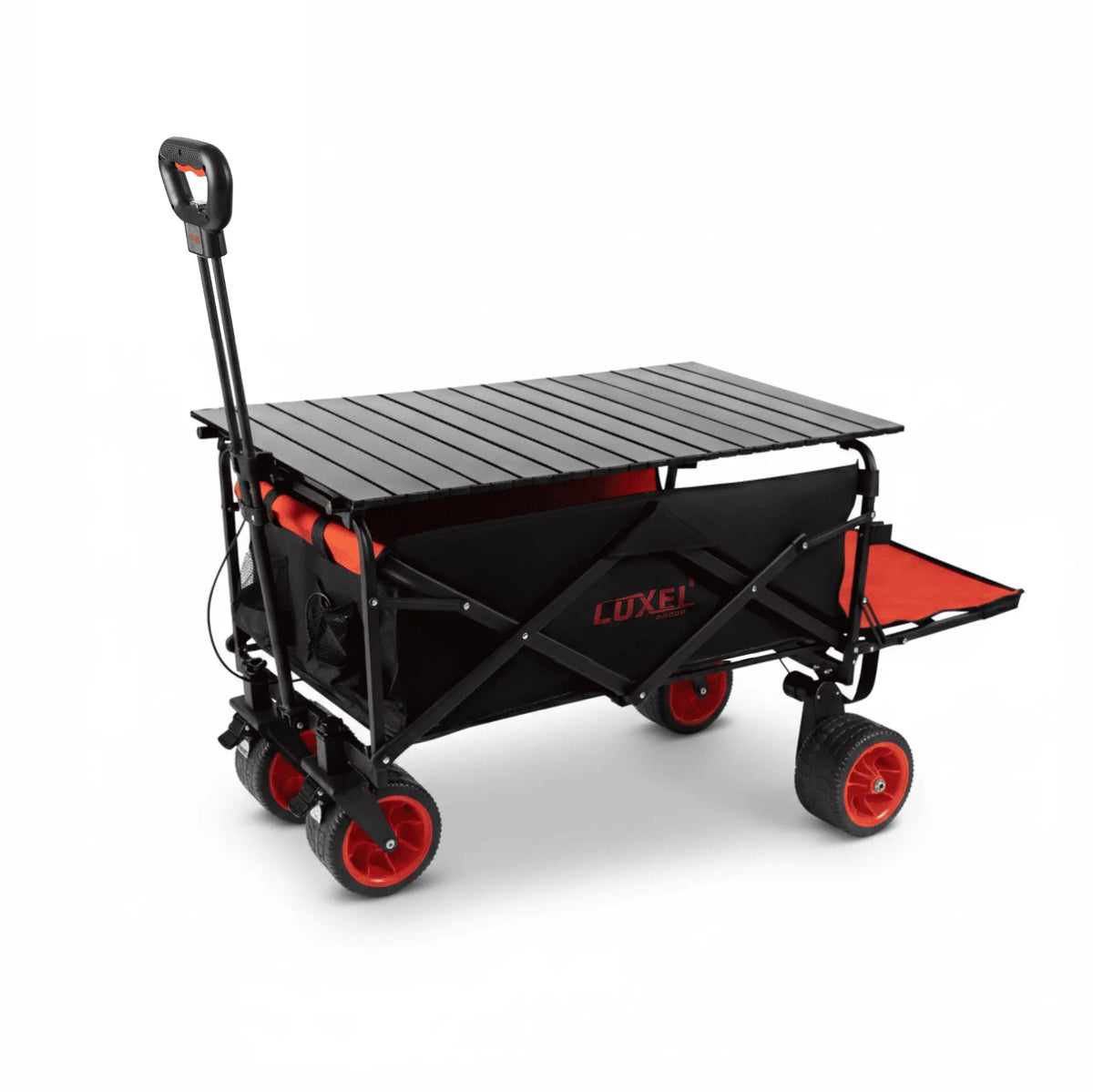 Black and red folding wagon with a table top on a white background