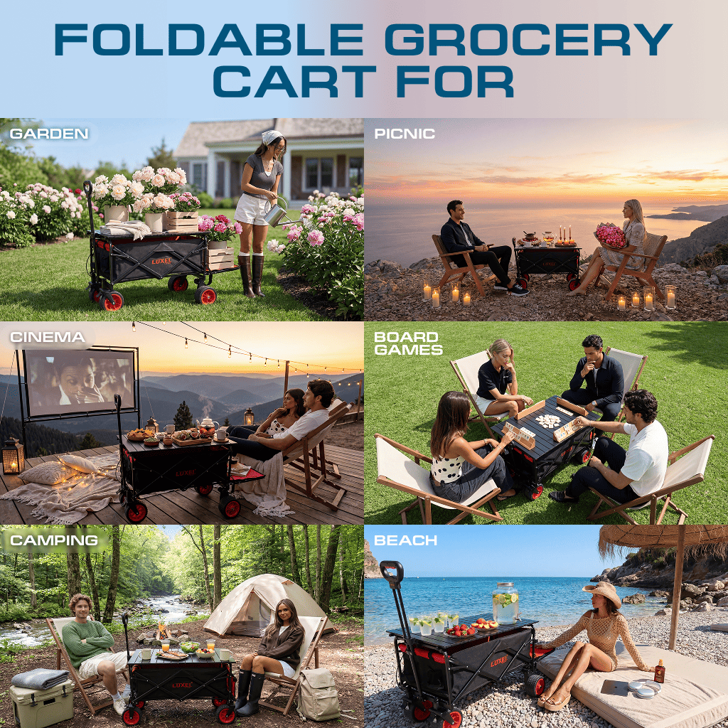 Collage of a foldable grocery cart used in various outdoor activities including garden, picnic, cinema, board games, camping, and beach.