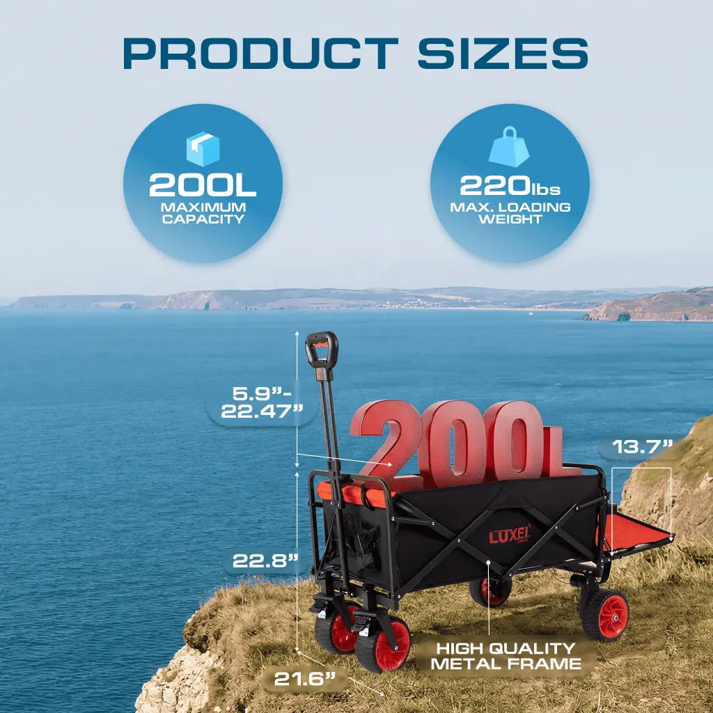 Collapsible wagon with product size details over a scenic background