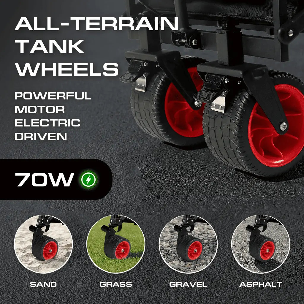 Electric wheelchair with all-terrain tank wheels on a dark background, highlighting features like power and versatility.