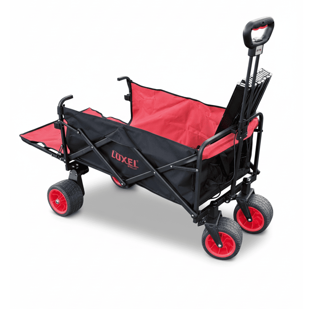 Foldable wagon with red and black design on a white background