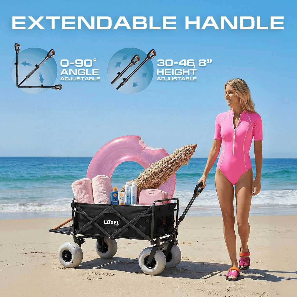 Woman in pink swimsuit pushing a beach cart with extendable handle features on a beach.