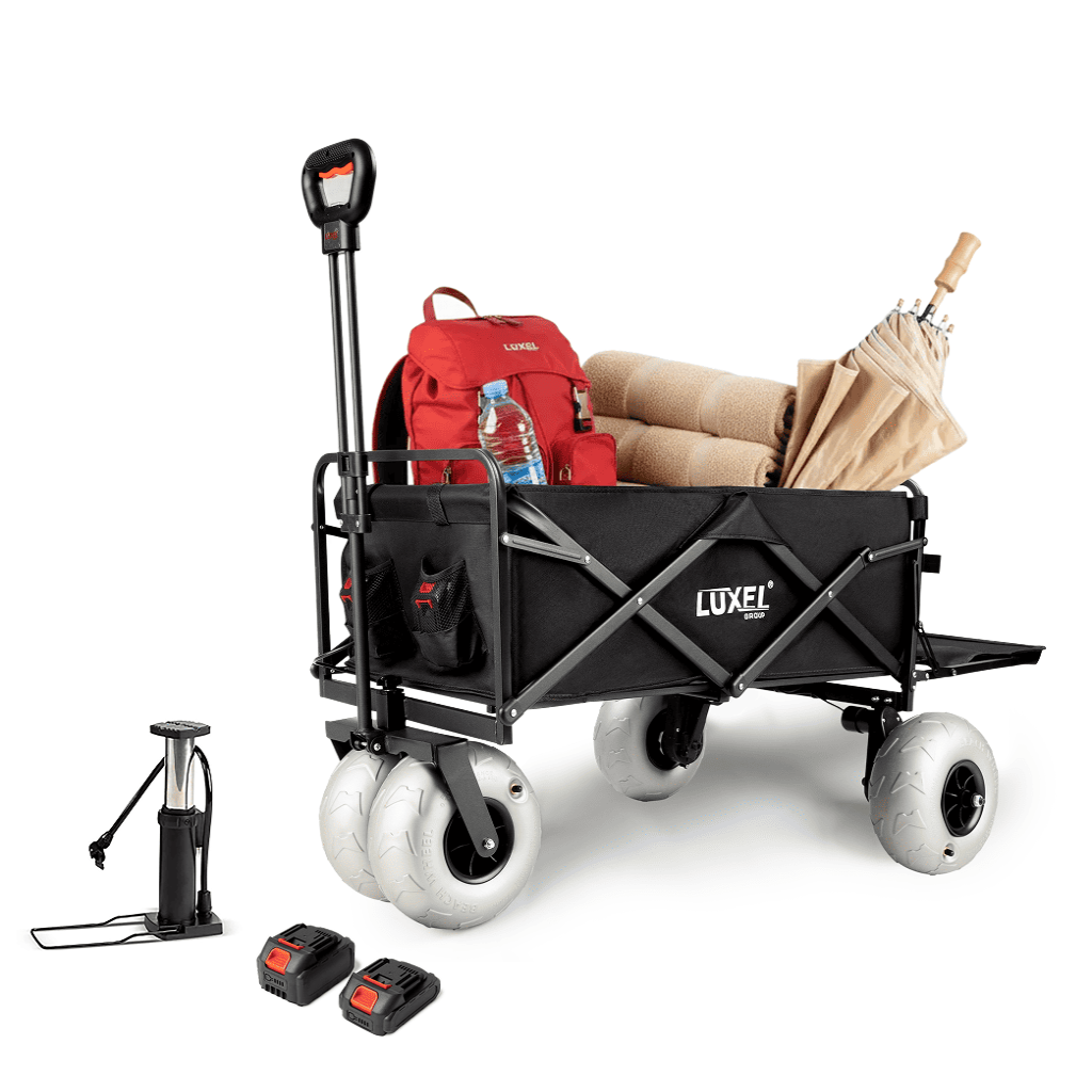 Black folding wagon with red backpack, bottles, and umbrella on a white background