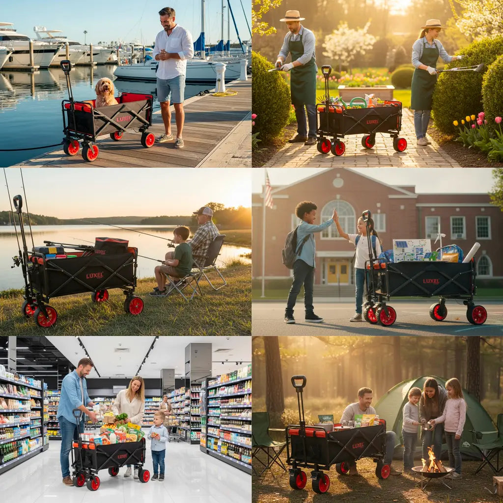 Collage of a black wagon being used in various settinчgs with people around it.