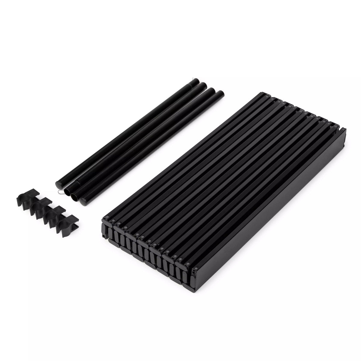 Set of black metal components on a white background