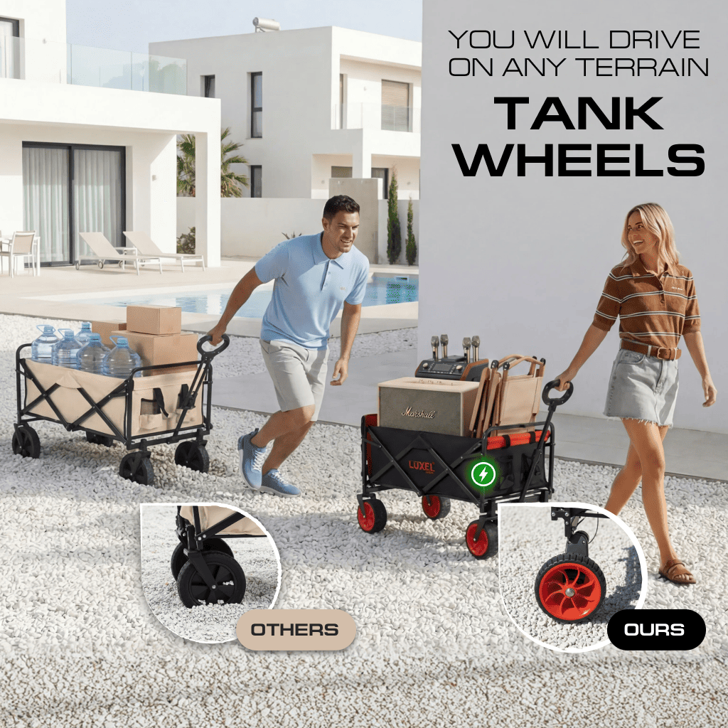 Two people pushing a cart with tank wheels on a gravel surface, with a modern building in the background.