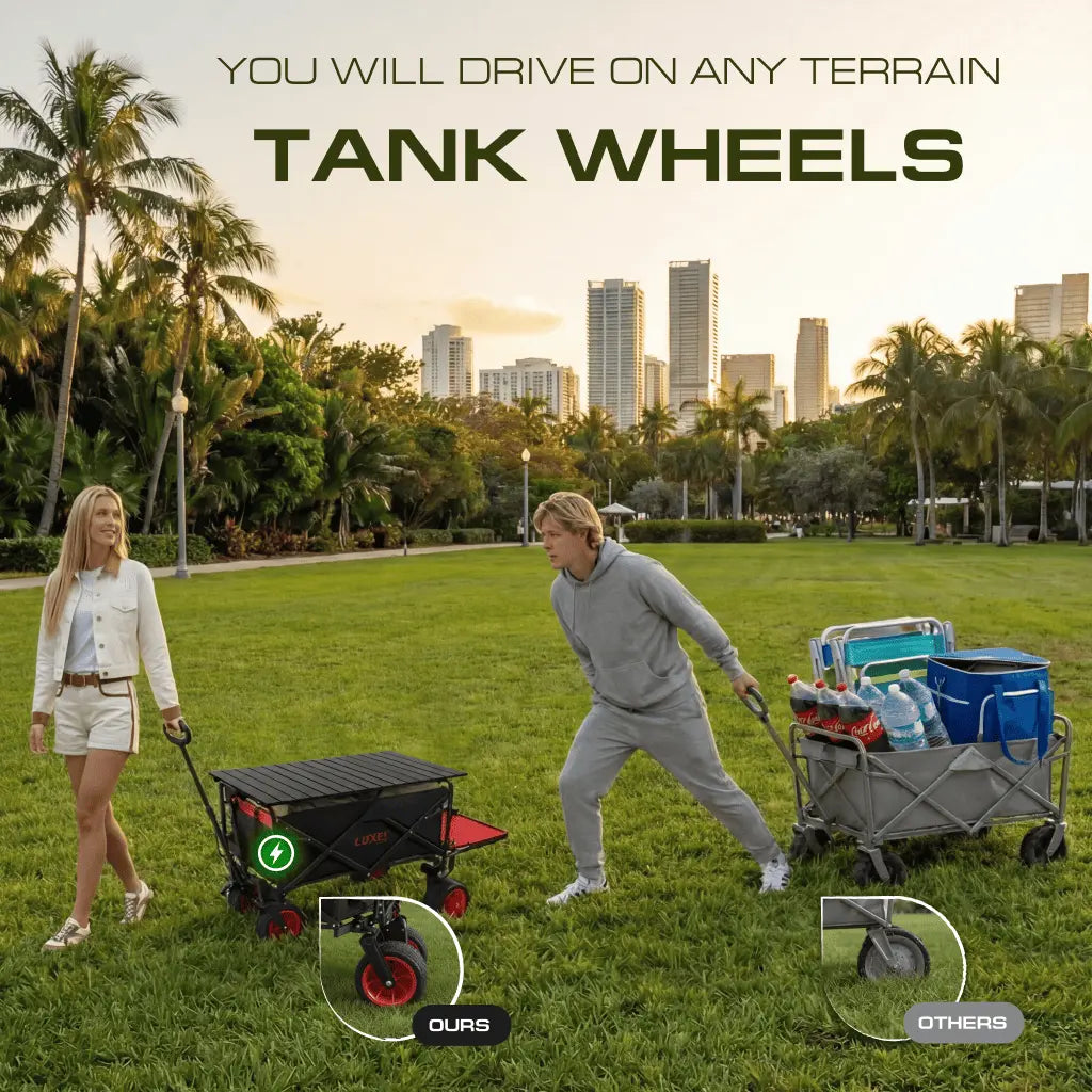 Two people using a cart with tank wheels in a park with a city skyline in the background.
