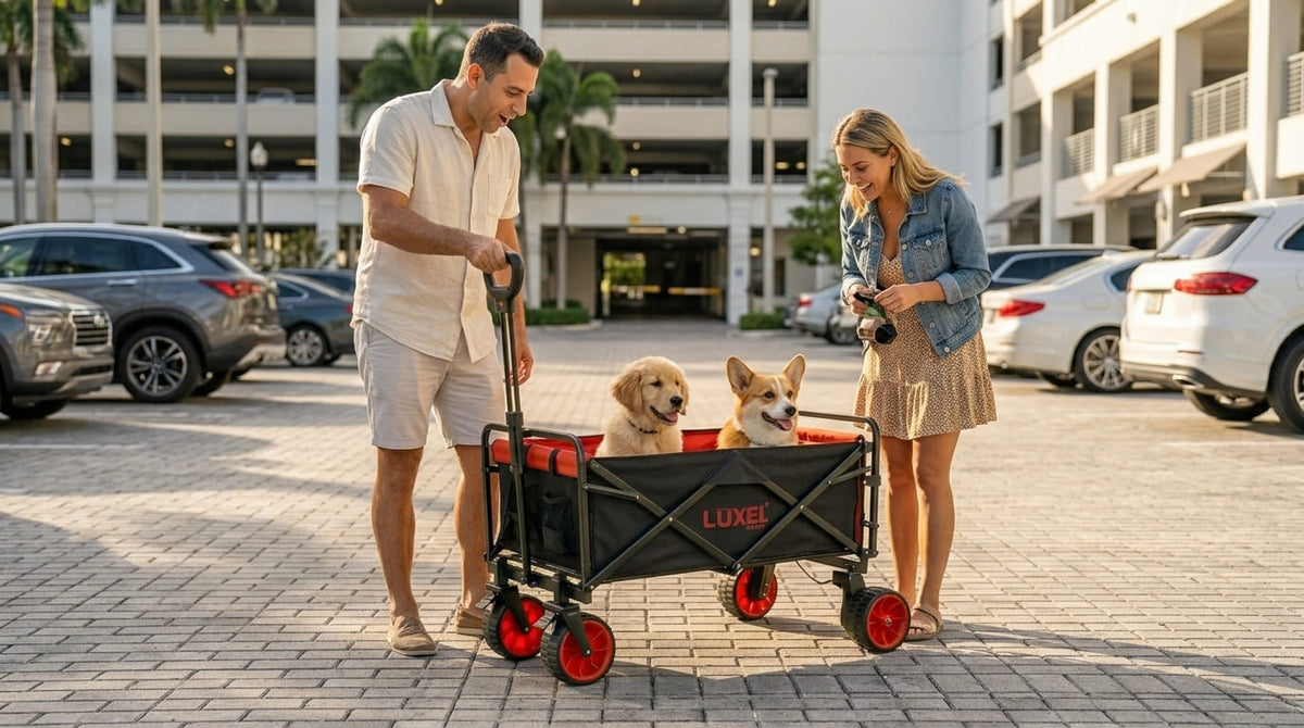 Two people with two dogs in a red wagon on a sidewalk.