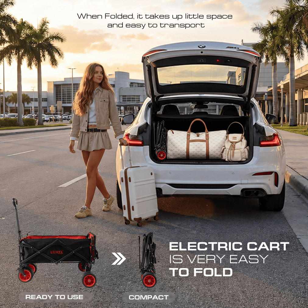 Woman with a suitcase and electric cart next to an open car trunk, with text about the cart's ease of use.