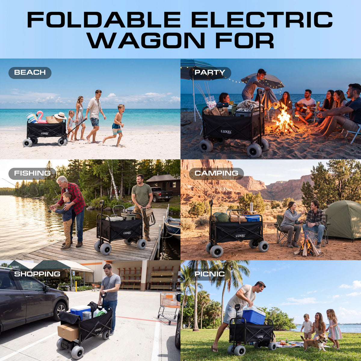 Black LUXEL electric wagon with gray balloon tires in six settings: beach, party, fishing, camping, shopping and picnic.