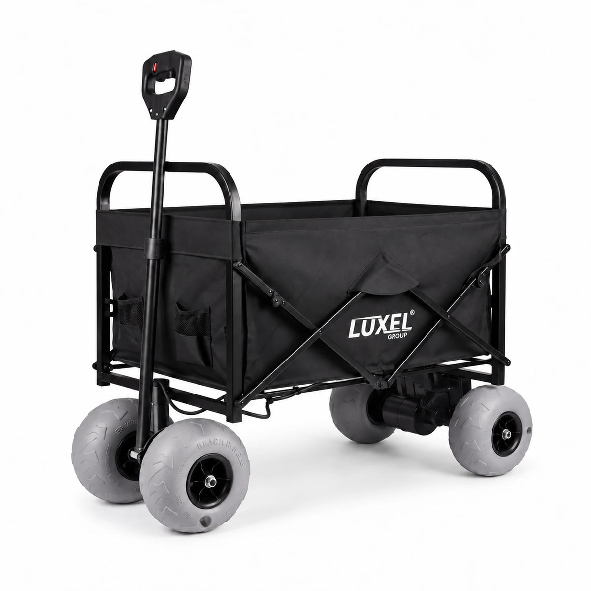 Black LUXEL electric wagon with a folding frame and gray balloon tires, centered on a white background.