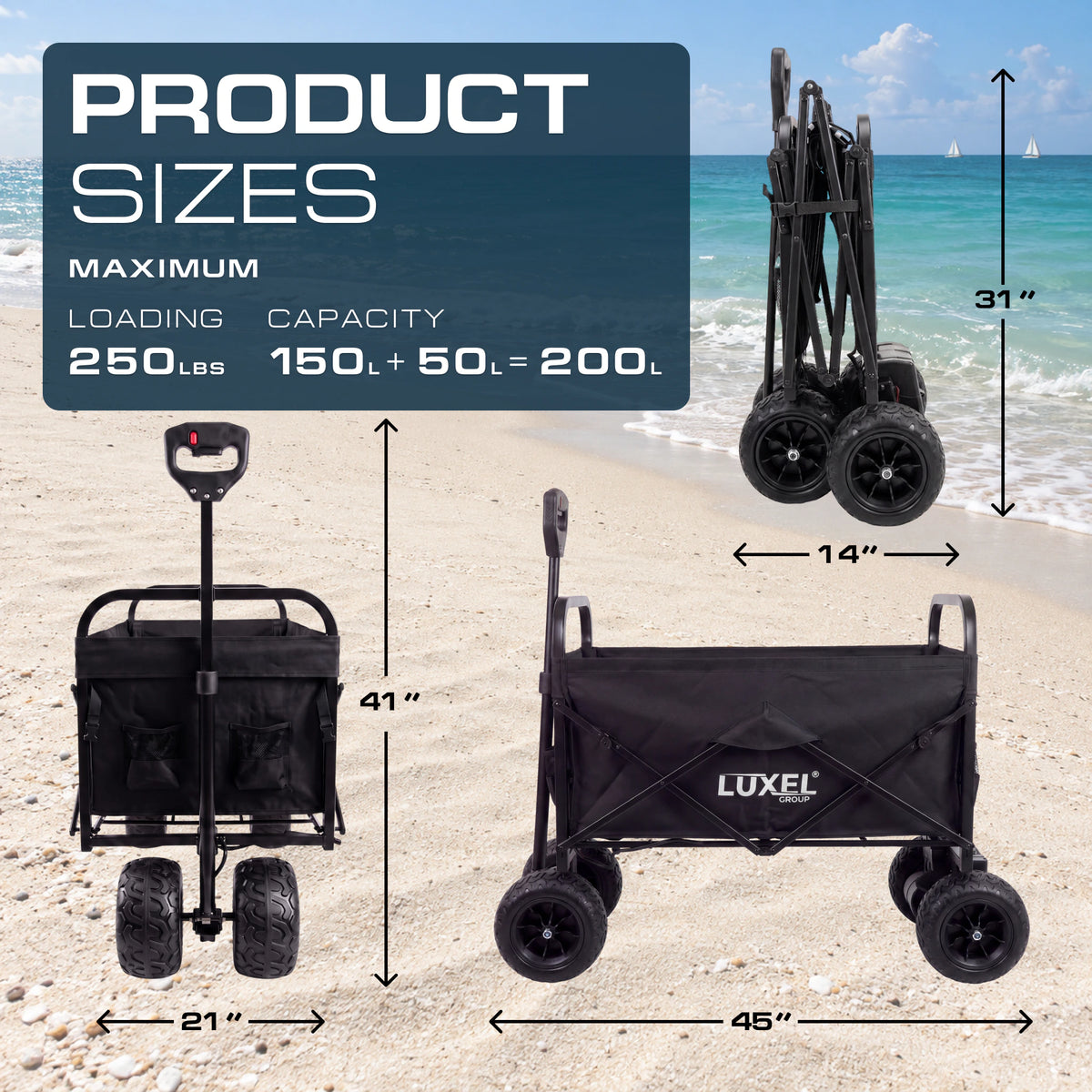 Black LUXEL electric wagon with off-road tires shown from the front, side and folded, with dimensions, load limit and storage capacity.