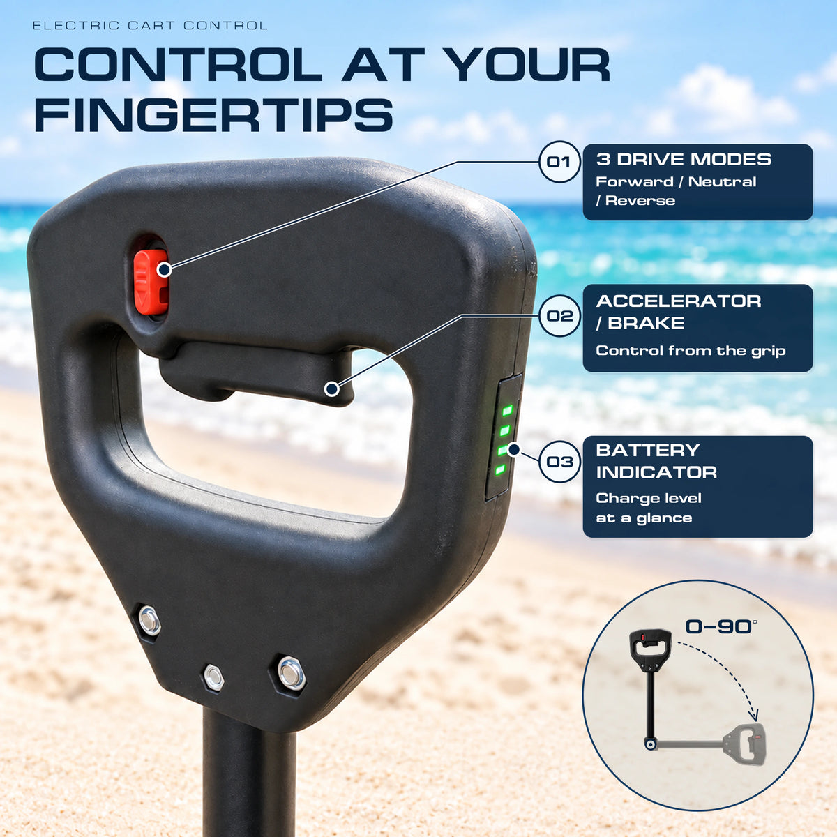 Black LUXEL wagon handle showing forward, neutral and reverse modes, accelerator and brake controls, a battery indicator and an adjustable pull angle.