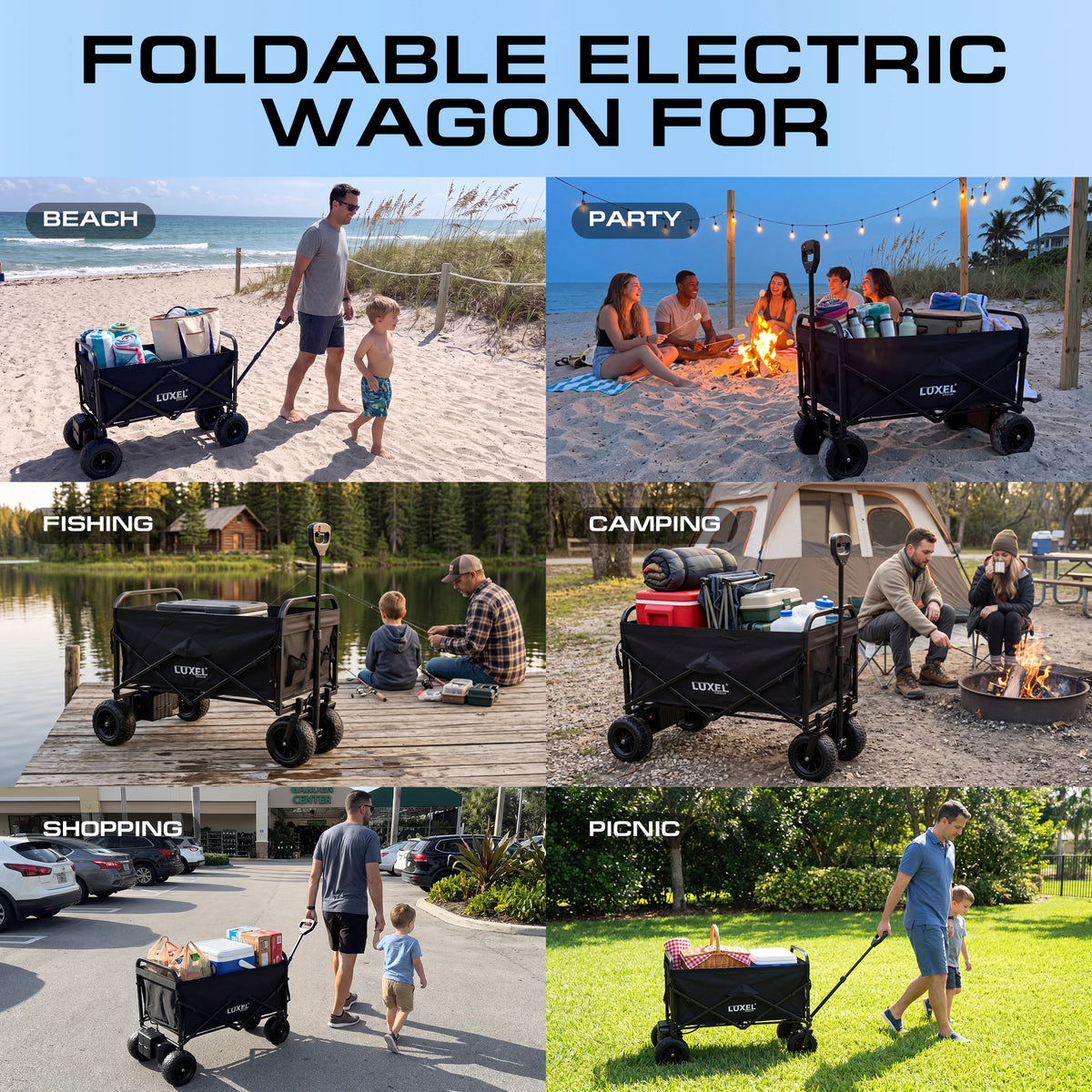 Black LUXEL electric wagon with off-road tires in six settings: beach, party, fishing, camping, shopping and picnic.