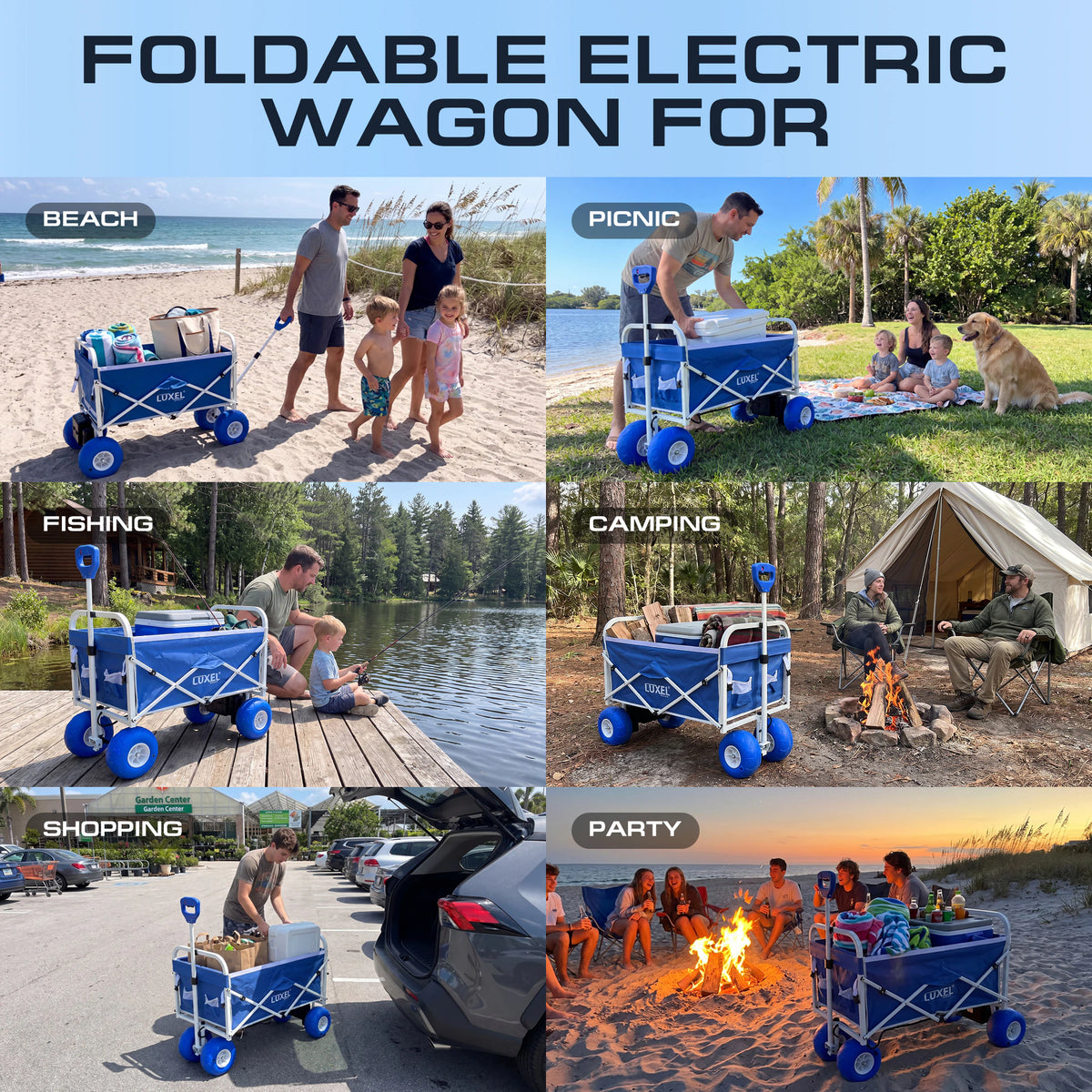 Blue LUXEL electric wagon with balloon tires in six settings: beach, picnic, fishing, camping, shopping and party.