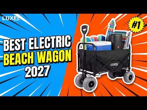 LUXEL electric beach wagon loaded with a speaker, cooler and beach gear beside a family enjoying the beach.